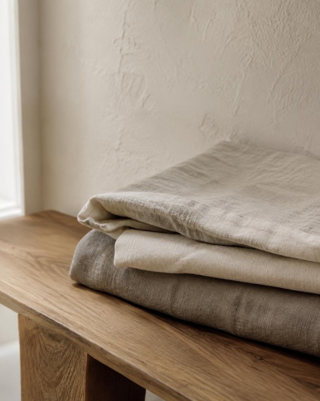 Folded natural linen resting on an oak bench against a plaster wall
