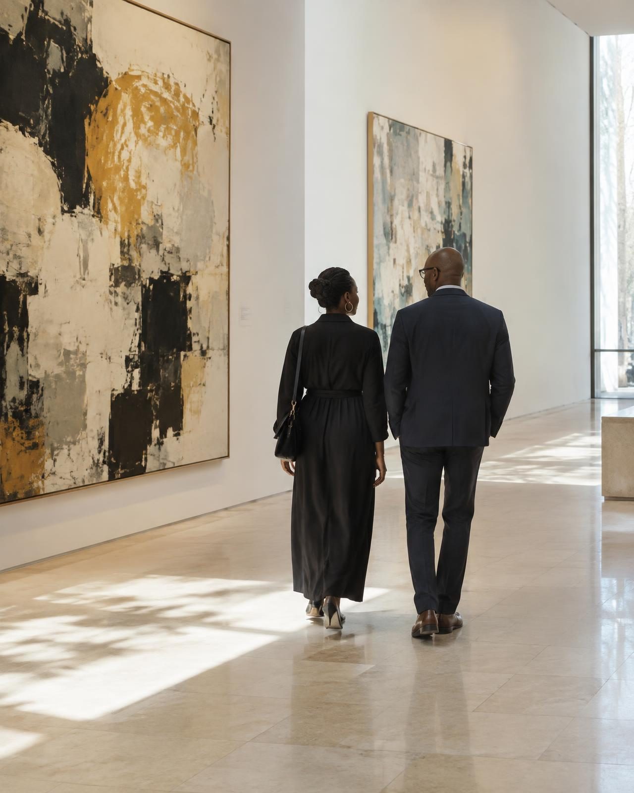 A couple walking slowly through a light-filled gallery of large abstract paintings