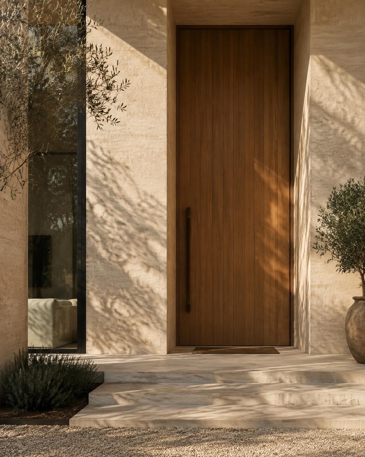 A tall timber door set into a pale limestone entrance, dappled with late-afternoon shadow