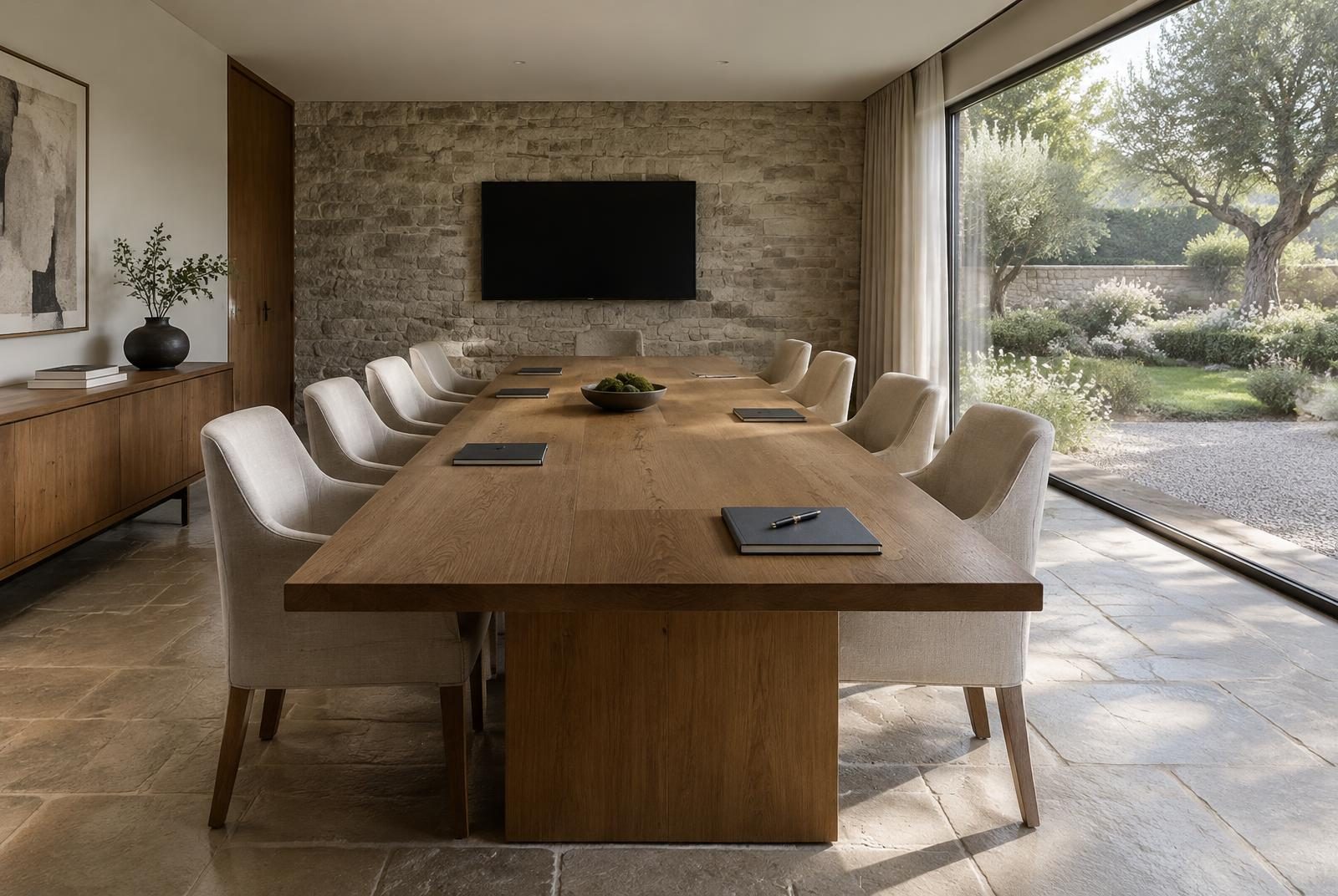 A long oak meeting table with linen chairs beside a wall of glass opening onto a garden